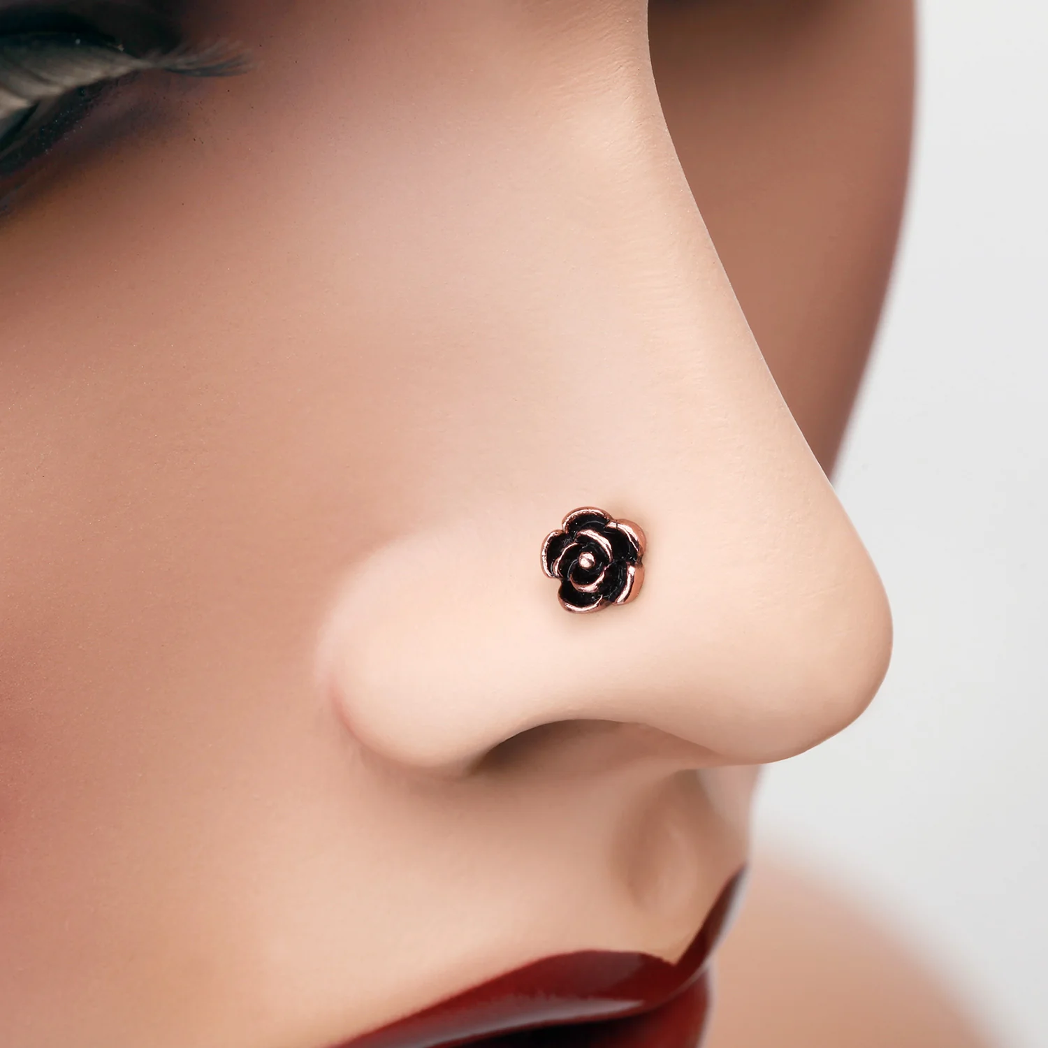 Rose Gold Vintage Rose Icon L-Shaped Nose Ring - Image 2