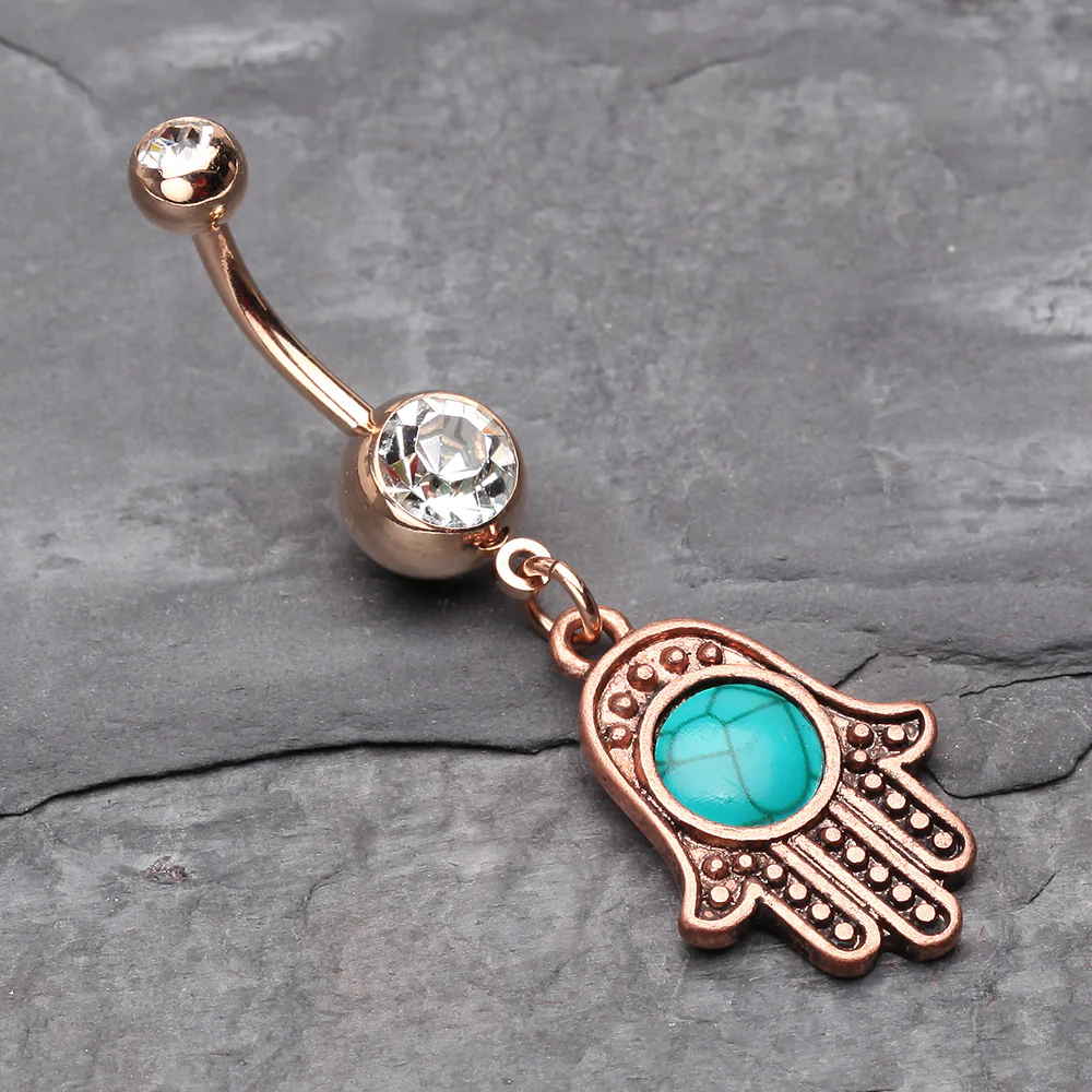 Rose Gold Vintage Turquoise Hamsa Belly Button Ring - Image 3