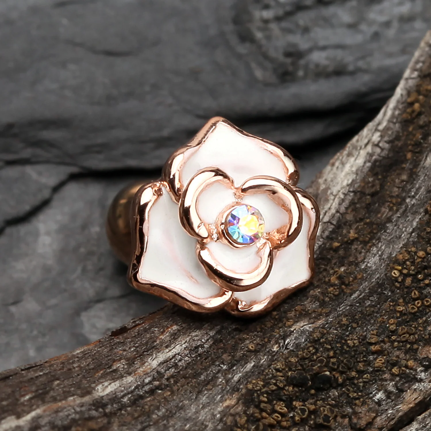 Rose Gold White Rose Sparkle Cartilage Tragus Earring - Image 2