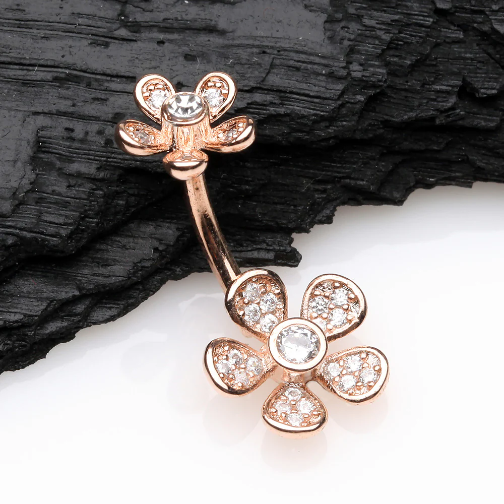 Rose Gold Wild Flower Sparkle Internally Threaded Belly Button Ring - Image 3