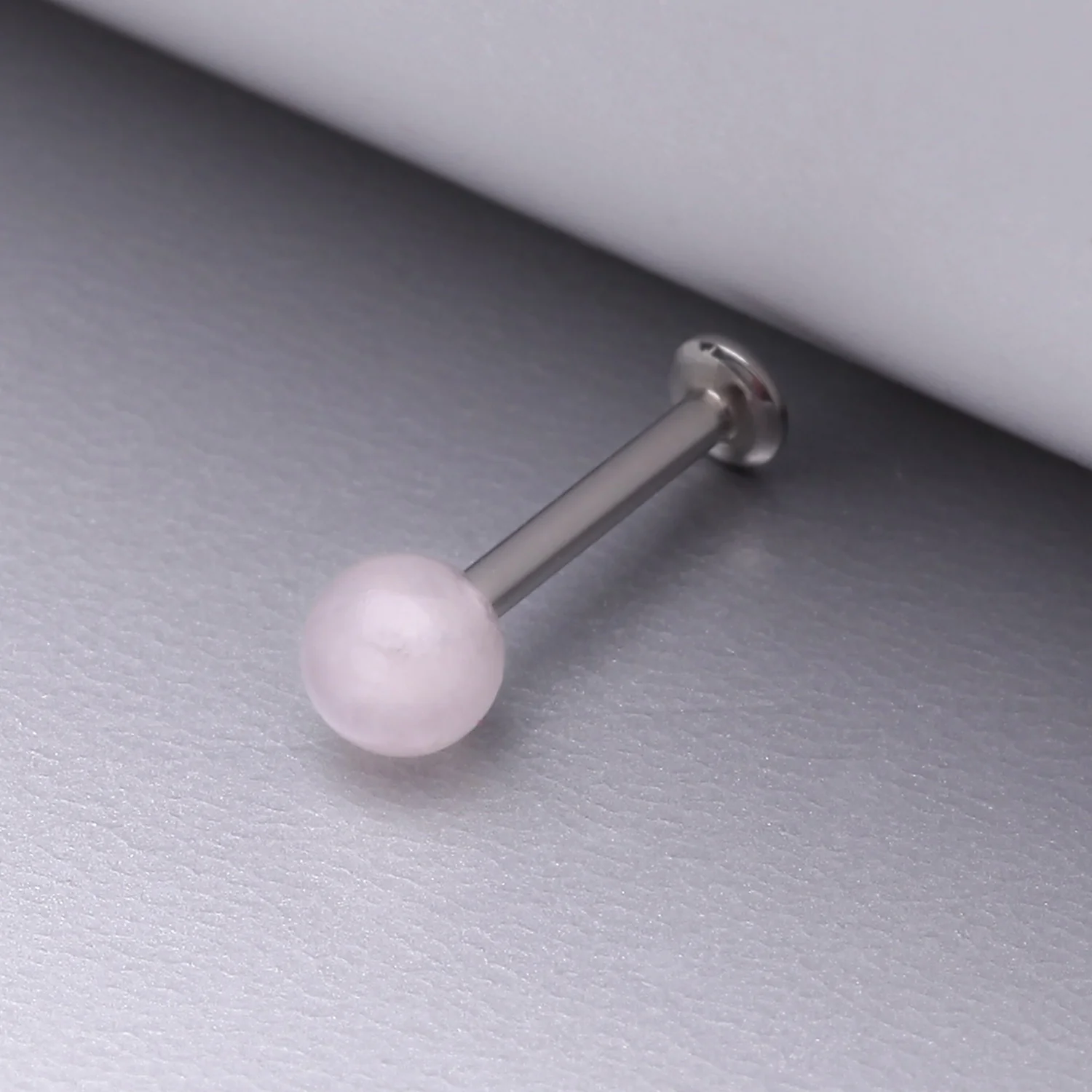 Rose Quartz Stone Ball Top Steel Flat Back Stud Labret - Image 2