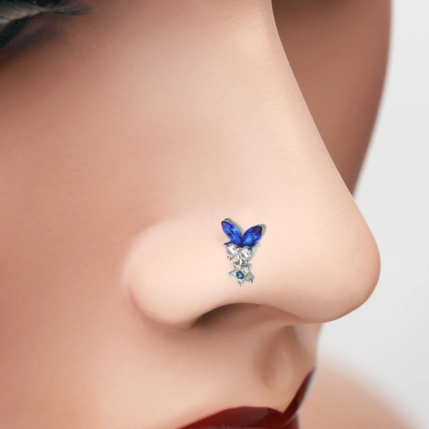 Royal Blue Butterfly Sparkle Dangle Flower Nose Stud Ring - Image 2