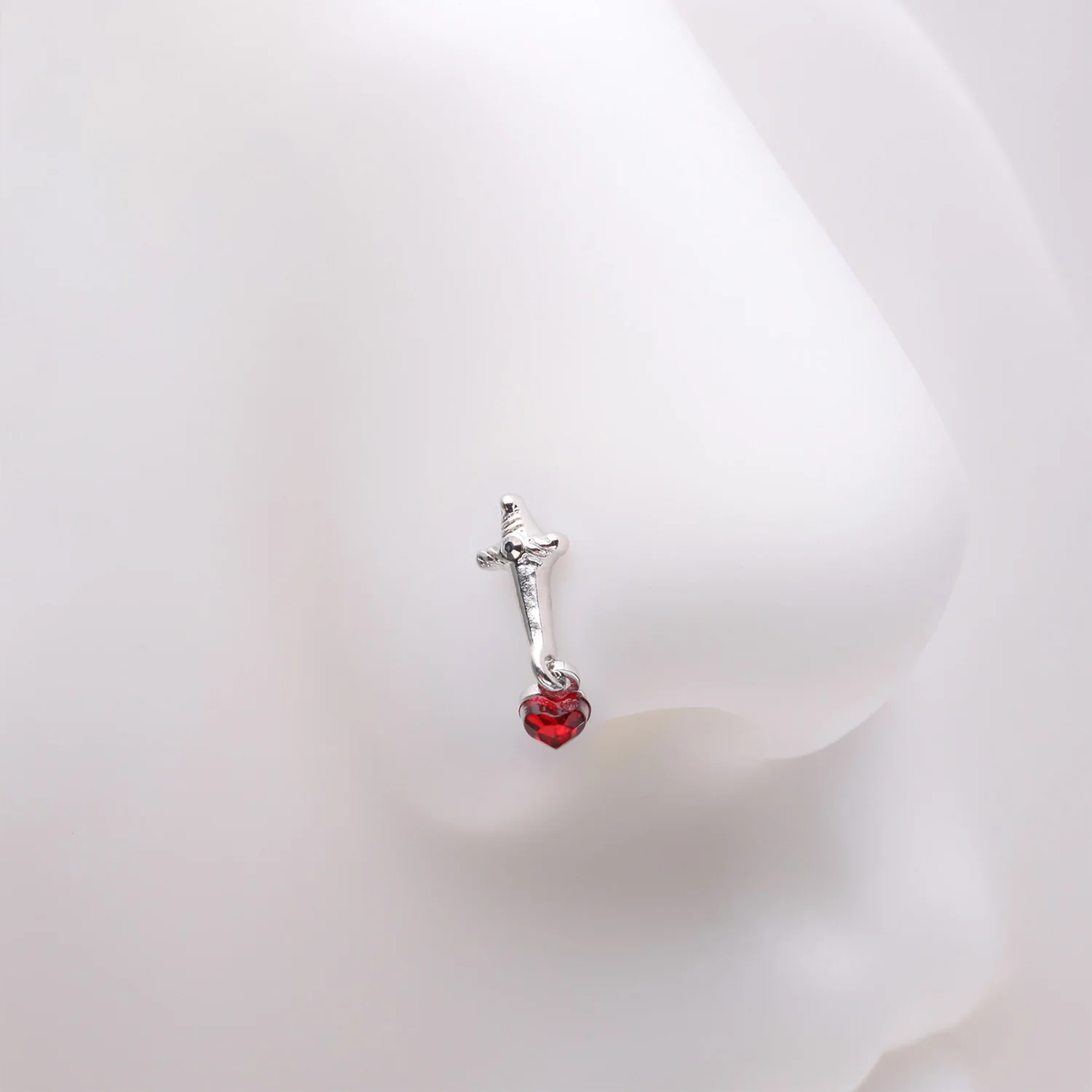 Royal Dagger Blood Red Heart Gem Dangle Nose Stud Ring - Image 2