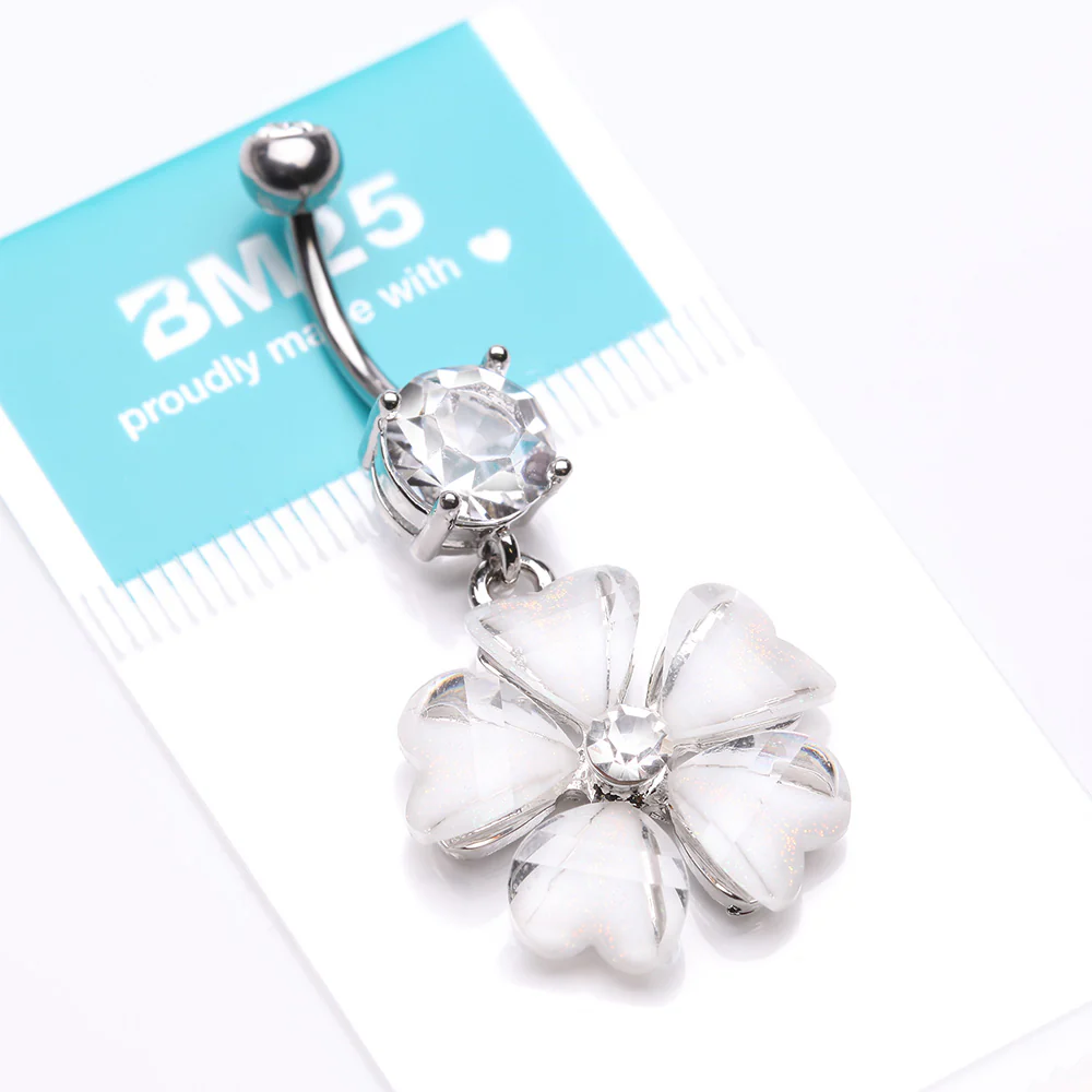 Shimmering Flower Heart Petal Sparkle Dangle Belly Ring - Image 5