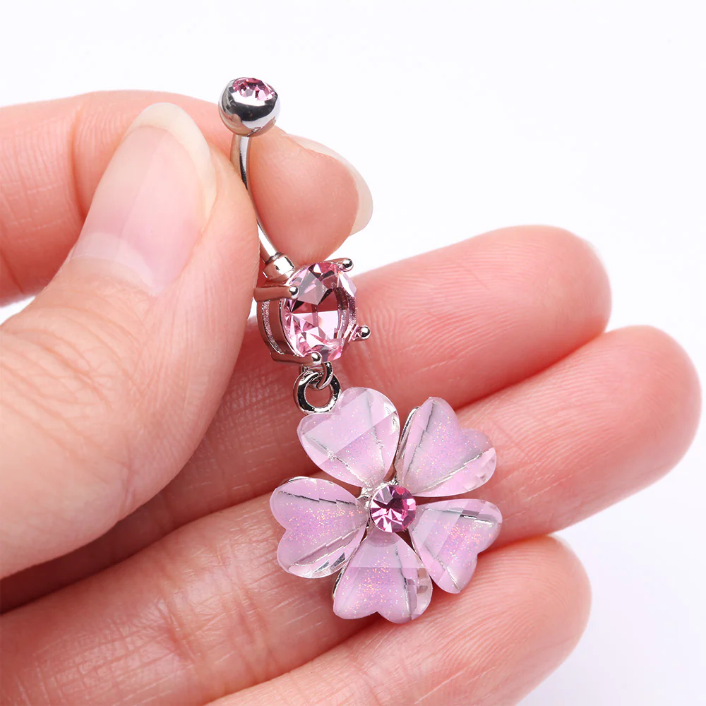 Shimmering Flower Heart Petal Sparkle Dangle Belly Ring - Image 4