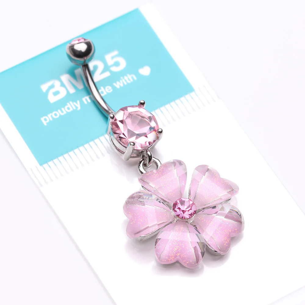 Shimmering Flower Heart Petal Sparkle Dangle Belly Ring - Image 5
