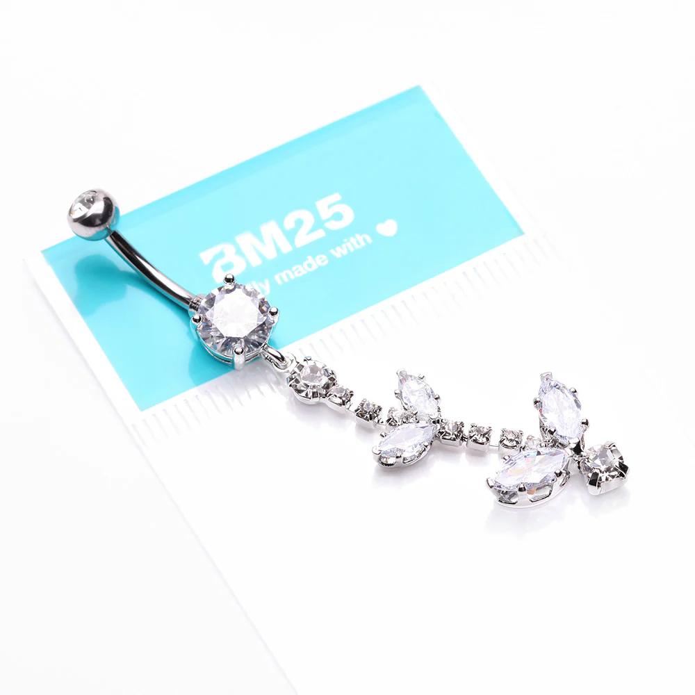 Shimmering Sparkle Leaflet Floral Cascading Belly Button Ring - Image 4