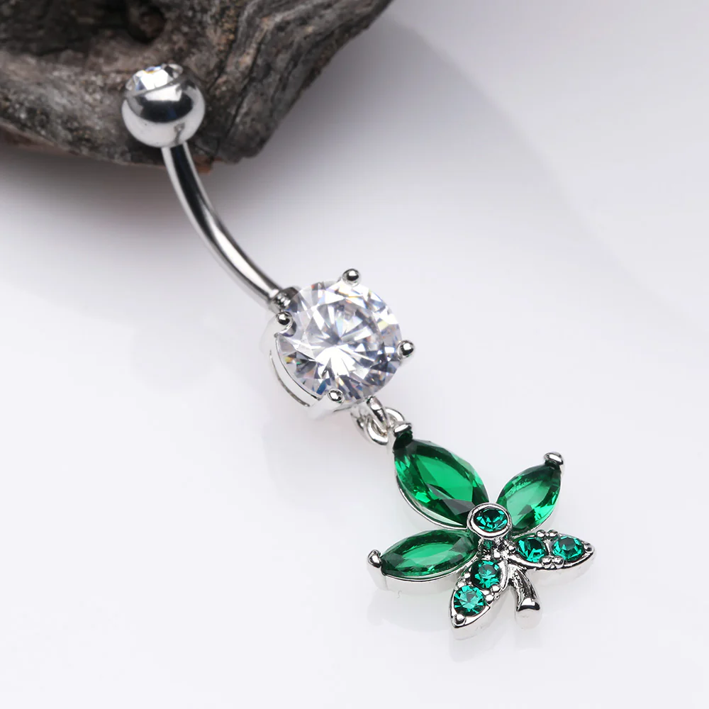 Sparkle Cannabis Leaf Belly Button Ring - Image 3