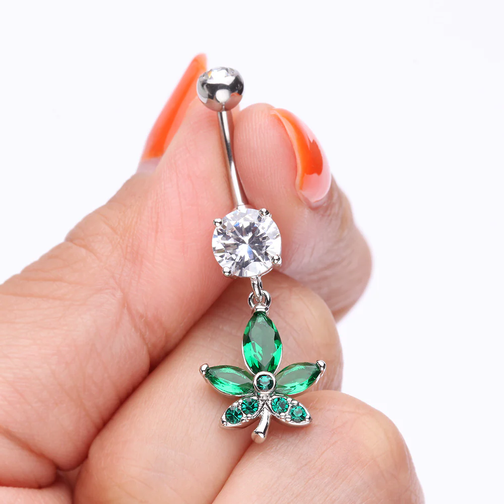Sparkle Cannabis Leaf Belly Button Ring - Image 4