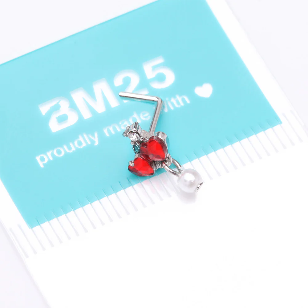 Sparkle Cherry Heart Pearlescent Dangle L-Shaped Nose Ring - Image 5