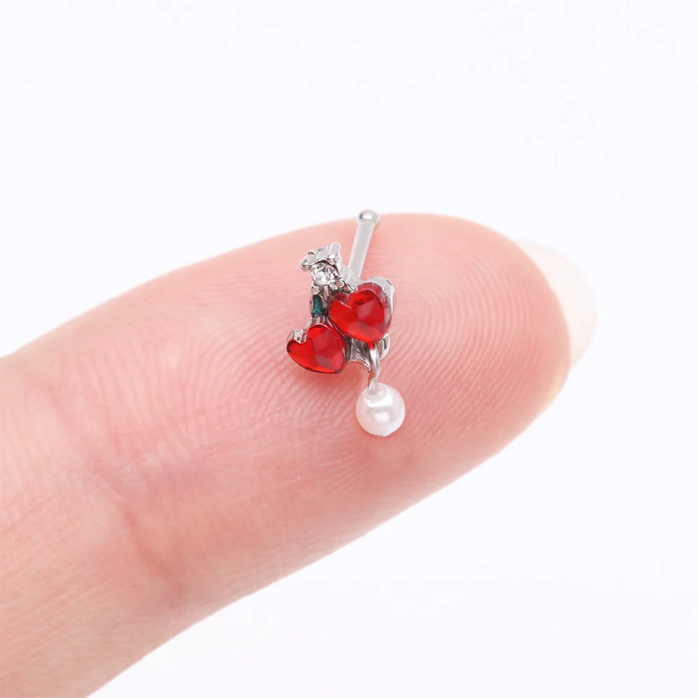 Sparkle Cherry Heart Pearlescent Dangle Nose Stud Ring - Image 3