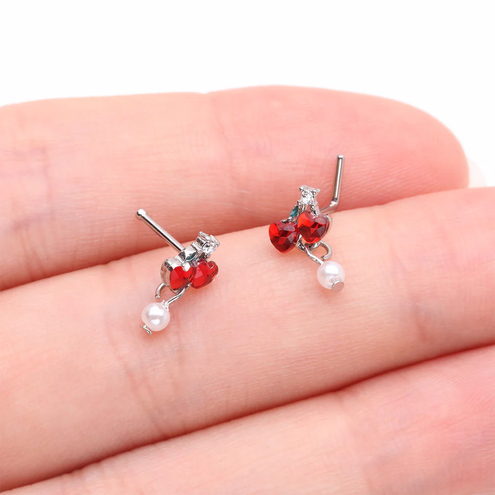 Sparkle Cherry Heart Pearlescent Dangle Nose Stud Ring - Image 4