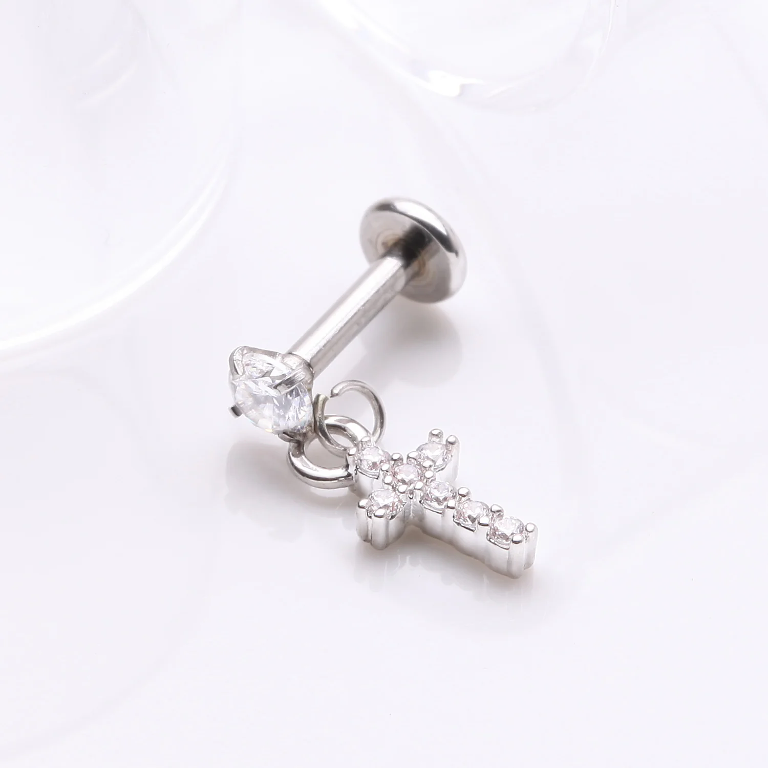 Sparkle Cross Dangle Internally Threaded Labret Flat Back Stud - Image 2