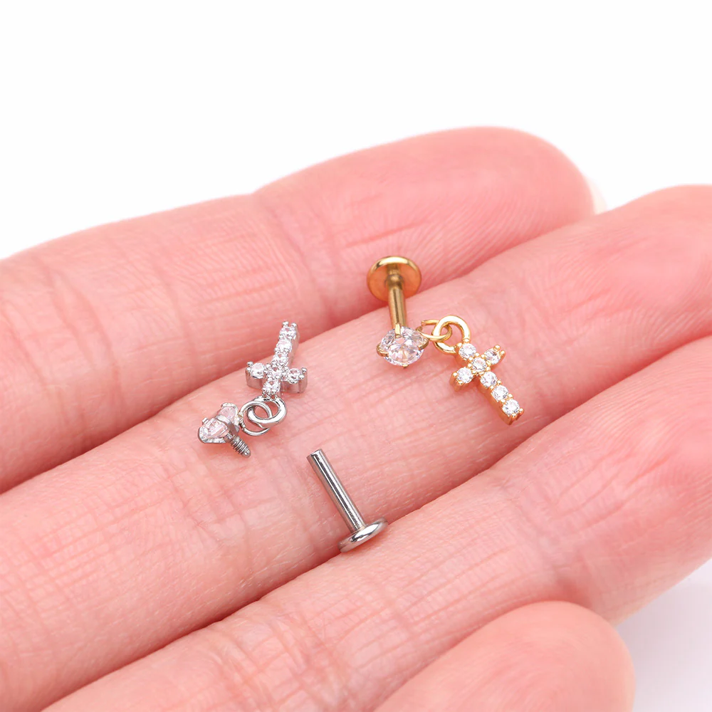 Sparkle Cross Dangle Internally Threaded Labret Flat Back Stud - Image 4