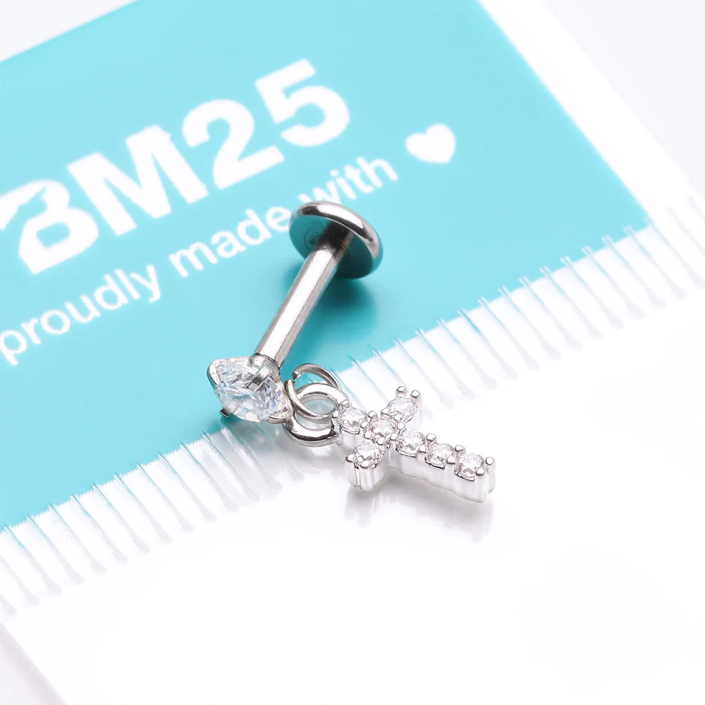 Sparkle Cross Dangle Internally Threaded Labret Flat Back Stud - Image 5