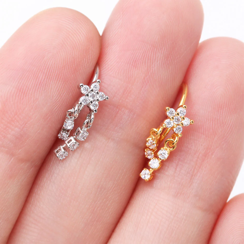 Sparkle Flower Dangle Gem Drop Bendable Hoop Ring - Image 4