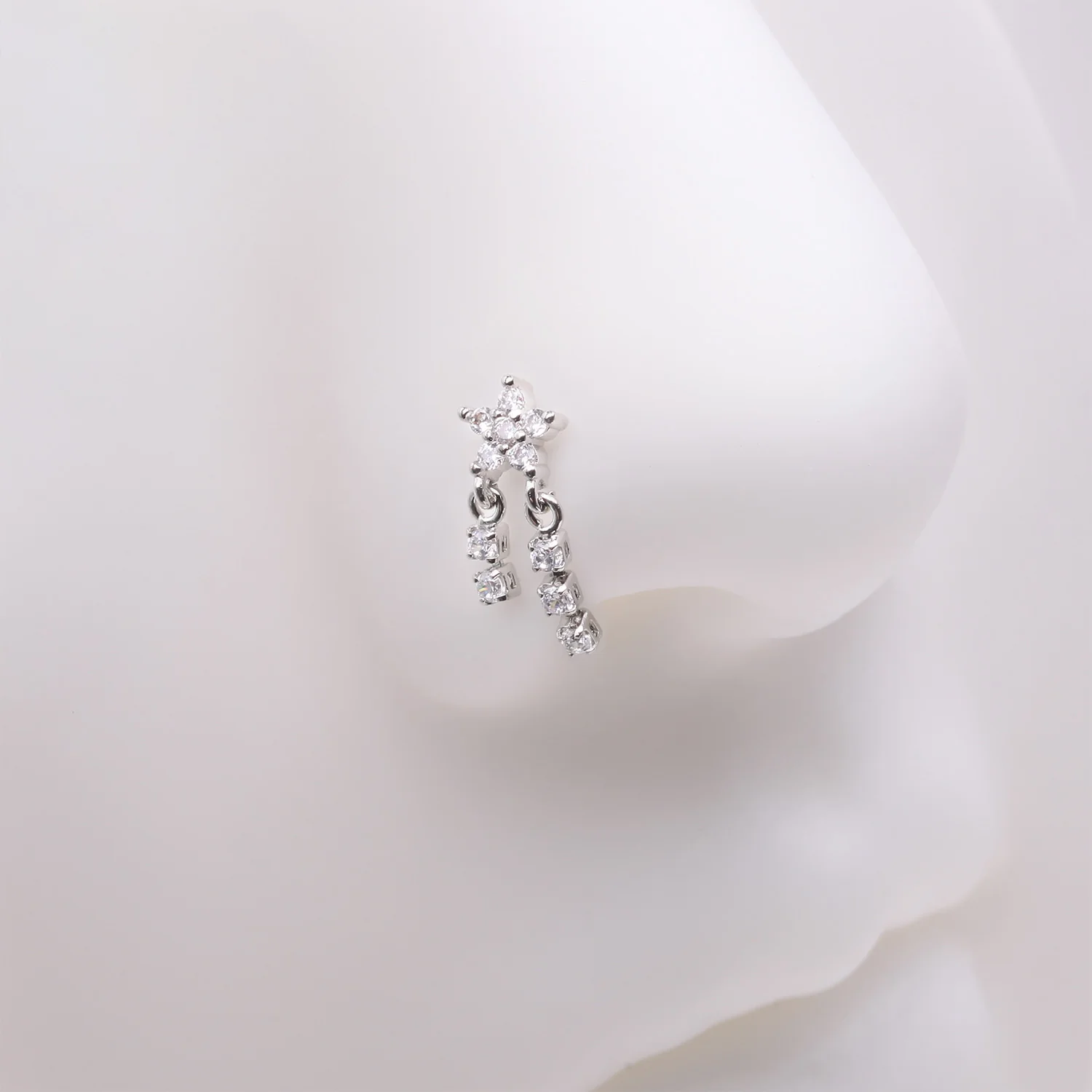 Sparkle Flower Dangle Gem Drop L-Shaped Nose Ring - Image 2