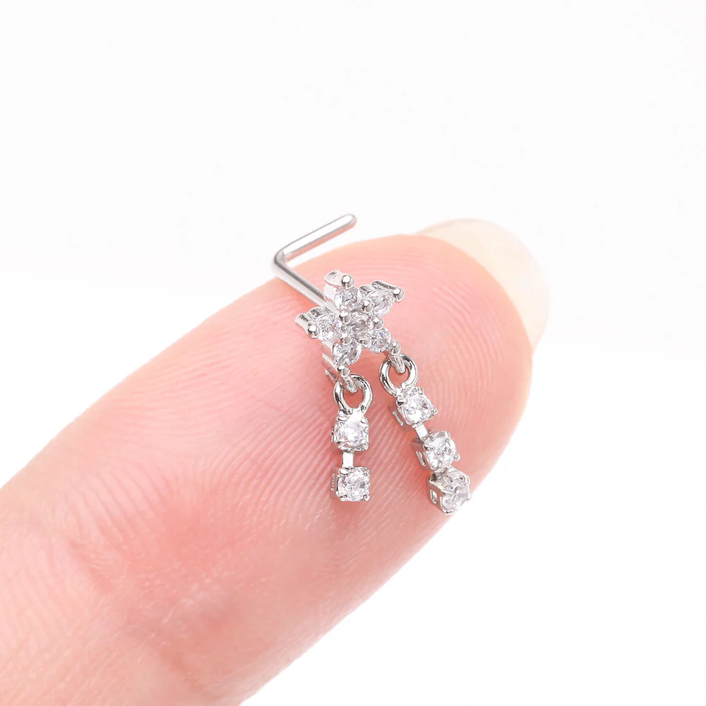 Sparkle Flower Dangle Gem Drop L-Shaped Nose Ring - Image 3