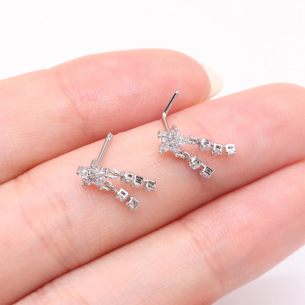 Sparkle Flower Dangle Gem Drop L-Shaped Nose Ring - Image 4