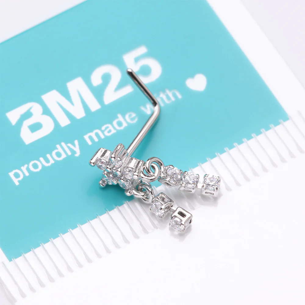 Sparkle Flower Dangle Gem Drop L-Shaped Nose Ring - Image 5