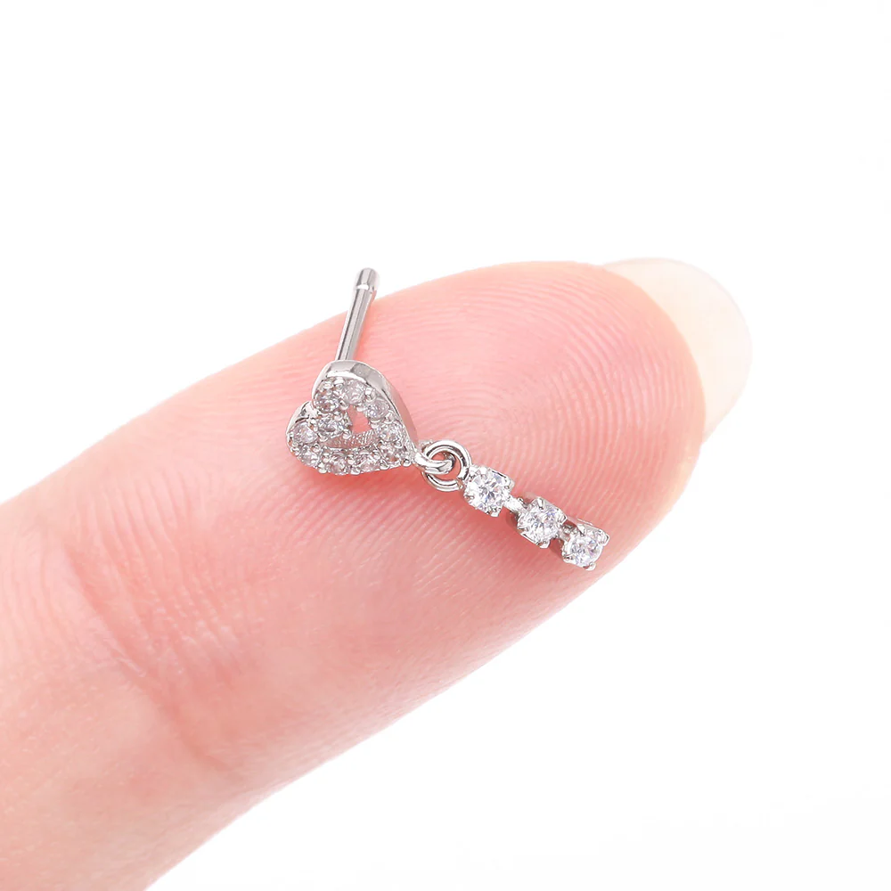 Sparkle Heart Loop Dangle Gem Drop Nose Stud Ring - Image 3