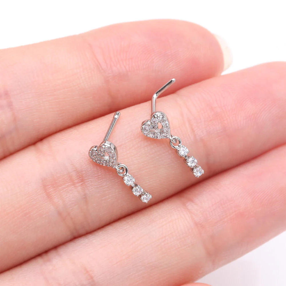 Sparkle Heart Loop Dangle Gem Drop Nose Stud Ring - Image 4