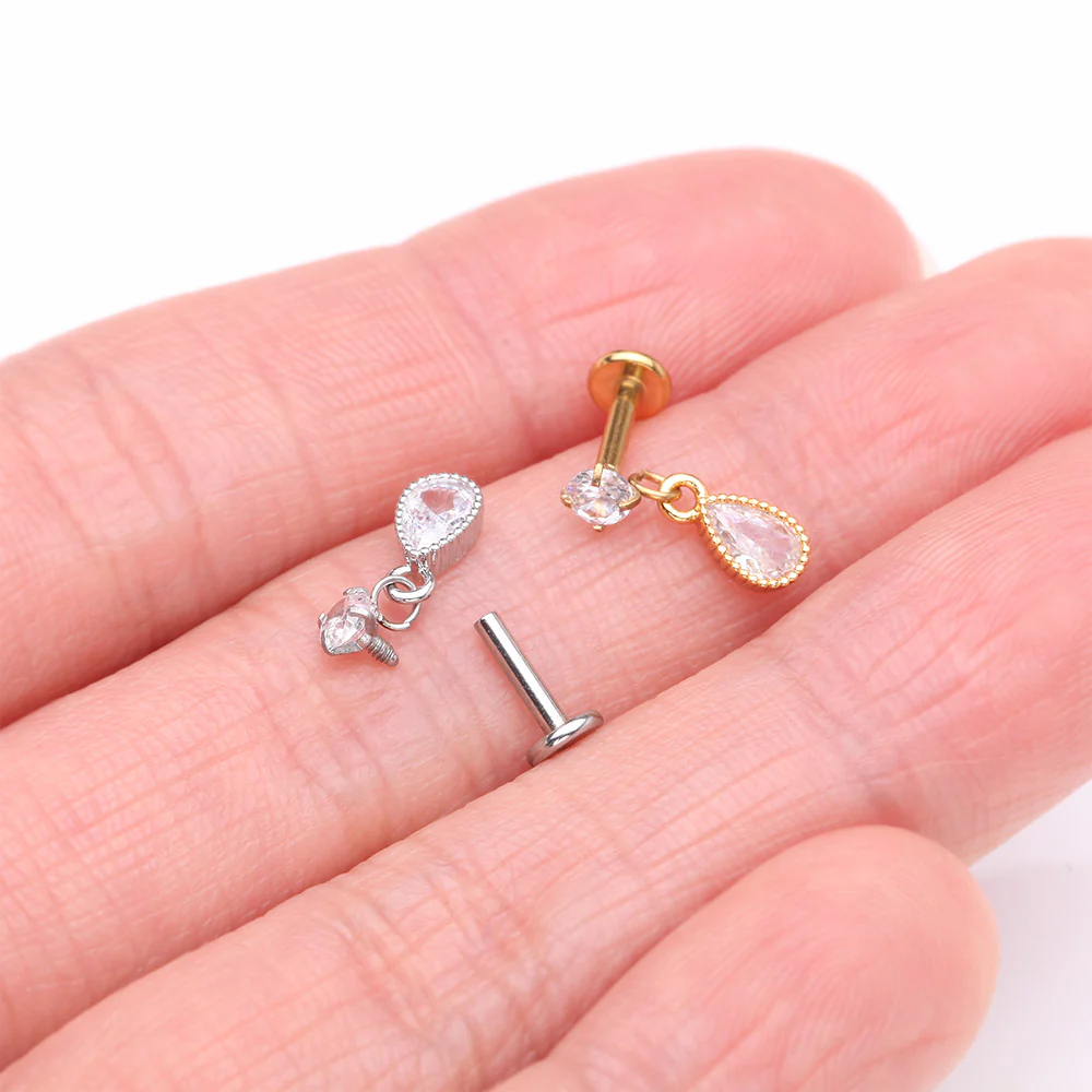 Sparkle Teardrop Dangle Internally Threaded Labret Flat Back Stud - Image 4
