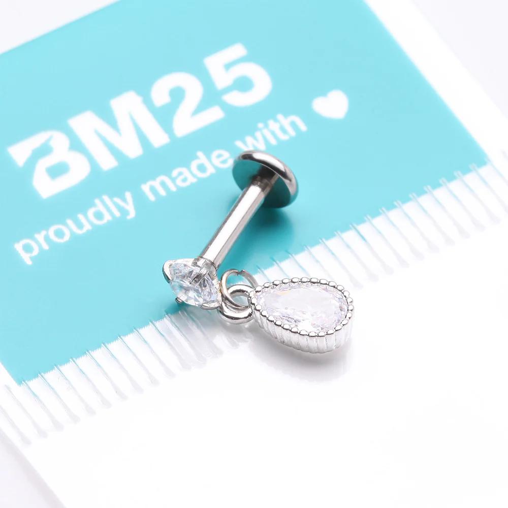 Sparkle Teardrop Dangle Internally Threaded Labret Flat Back Stud - Image 5