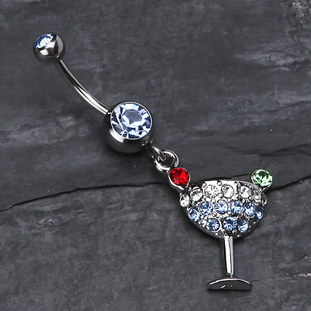 Sparkling Martini Glass Charm Dangle Belly Ring - Image 3
