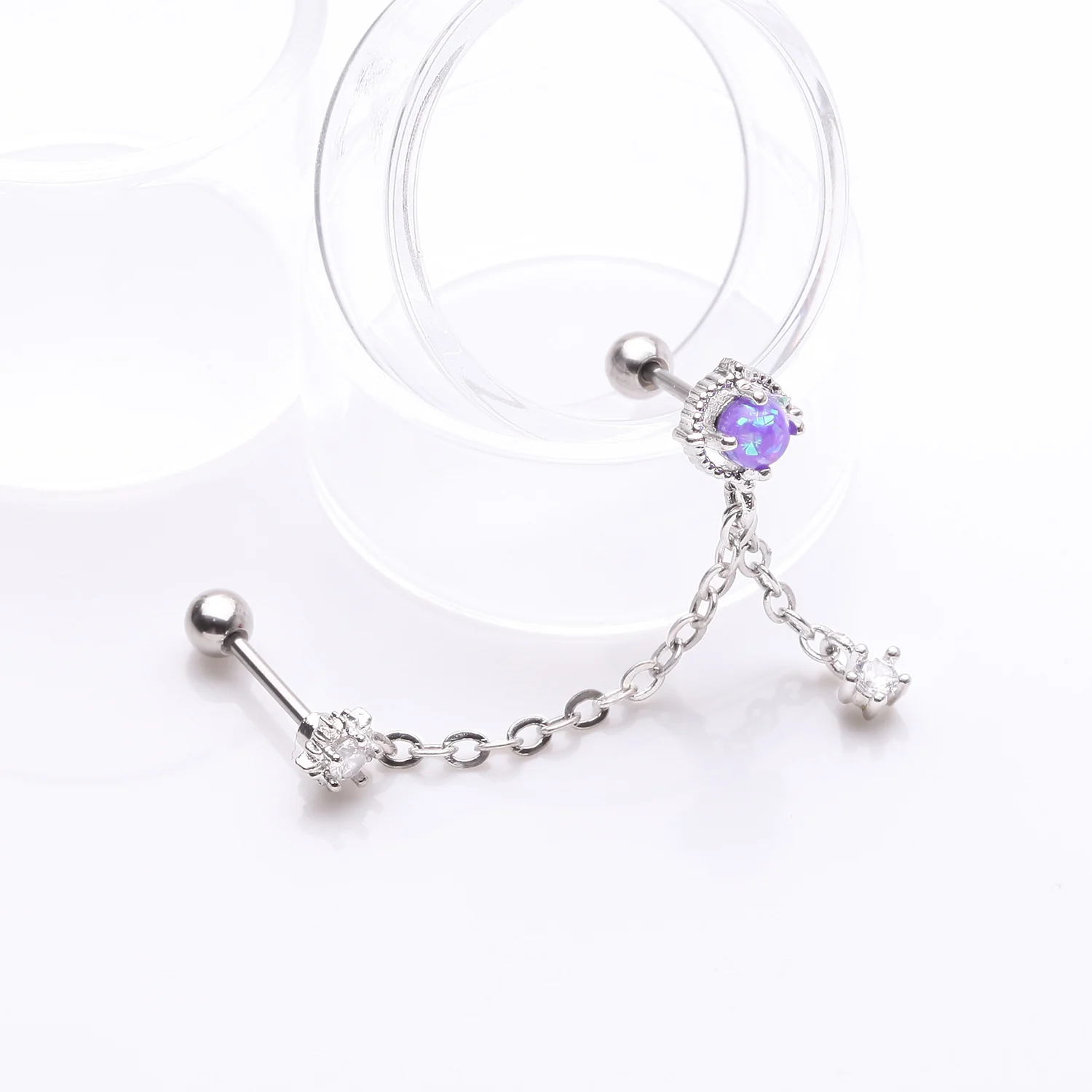 Starburst Sparkle Opalescent Orbit Chained Cartilage Barbell Earring - Image 2