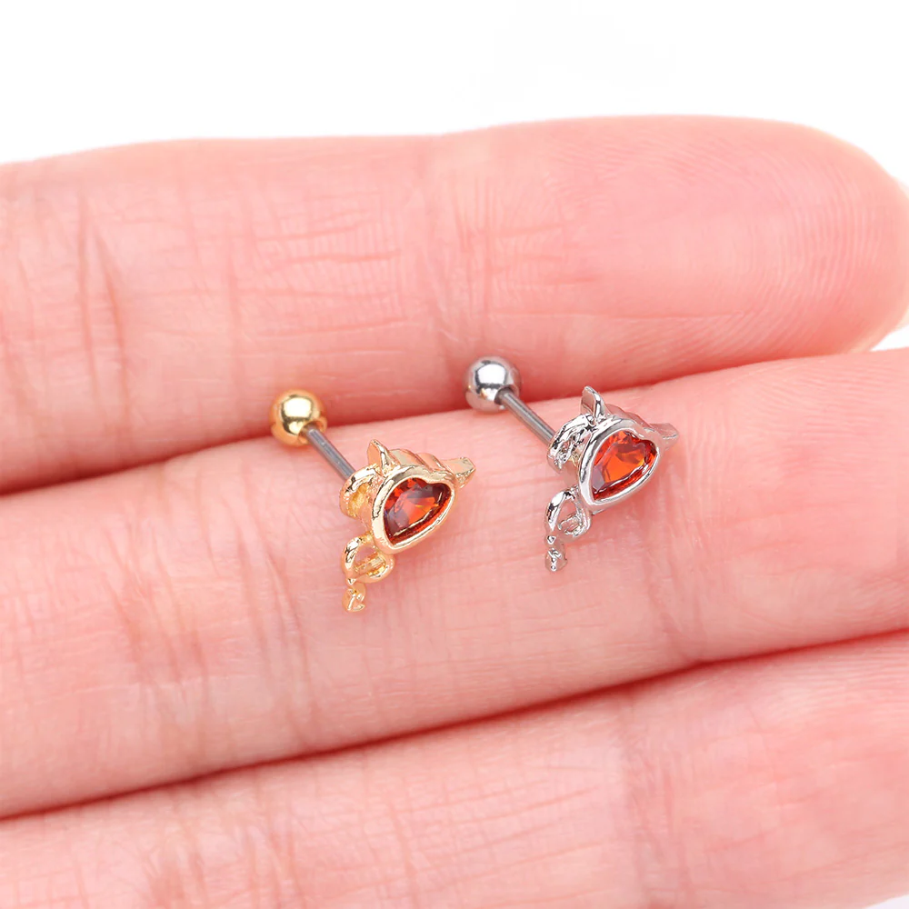 Tailed Devil's Heart Sparkle Cartilage Barbell Earring - Image 4