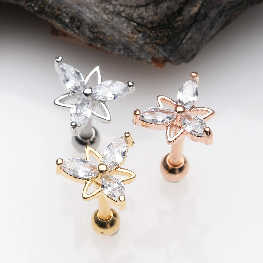 Tri-Marquise Floral Sparkle Cartilage Tragus Barbell Earring - Image 3