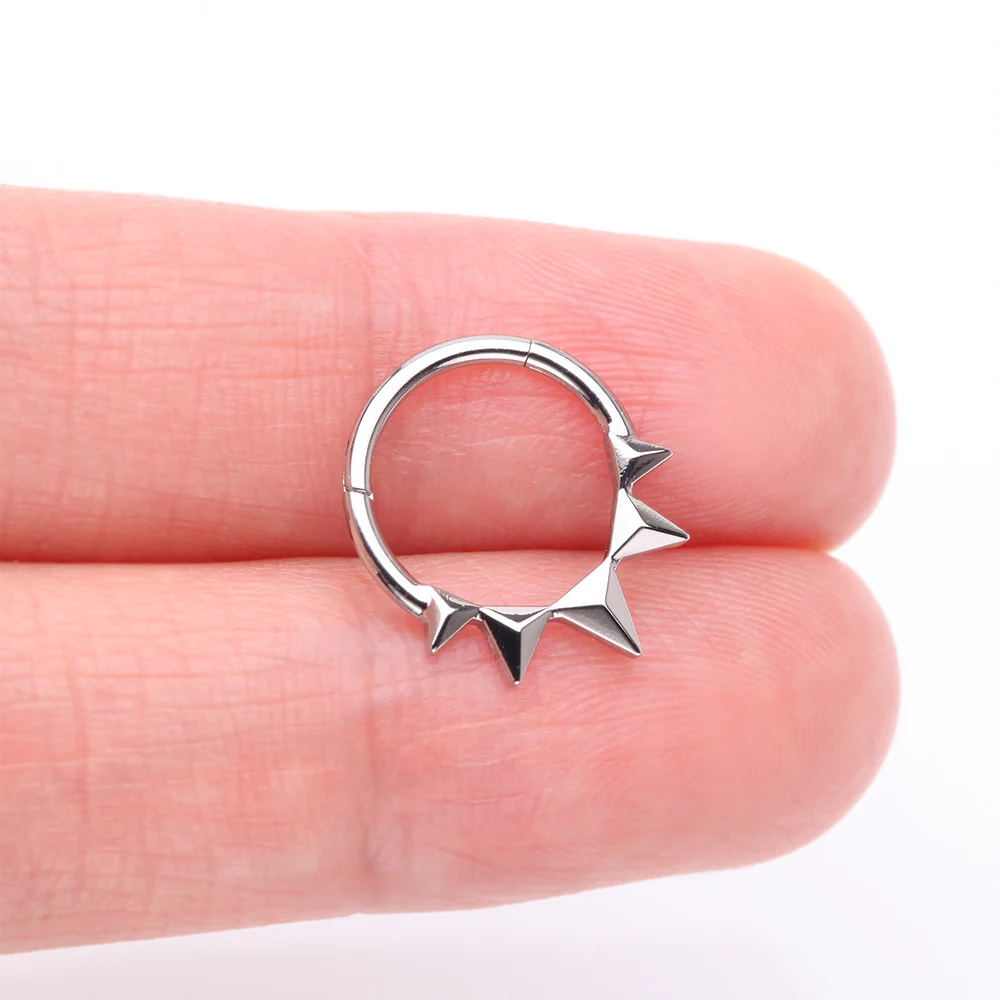 Triangle Pyramid Studded Spike Steel Clicker Hoop Ring - Image 4