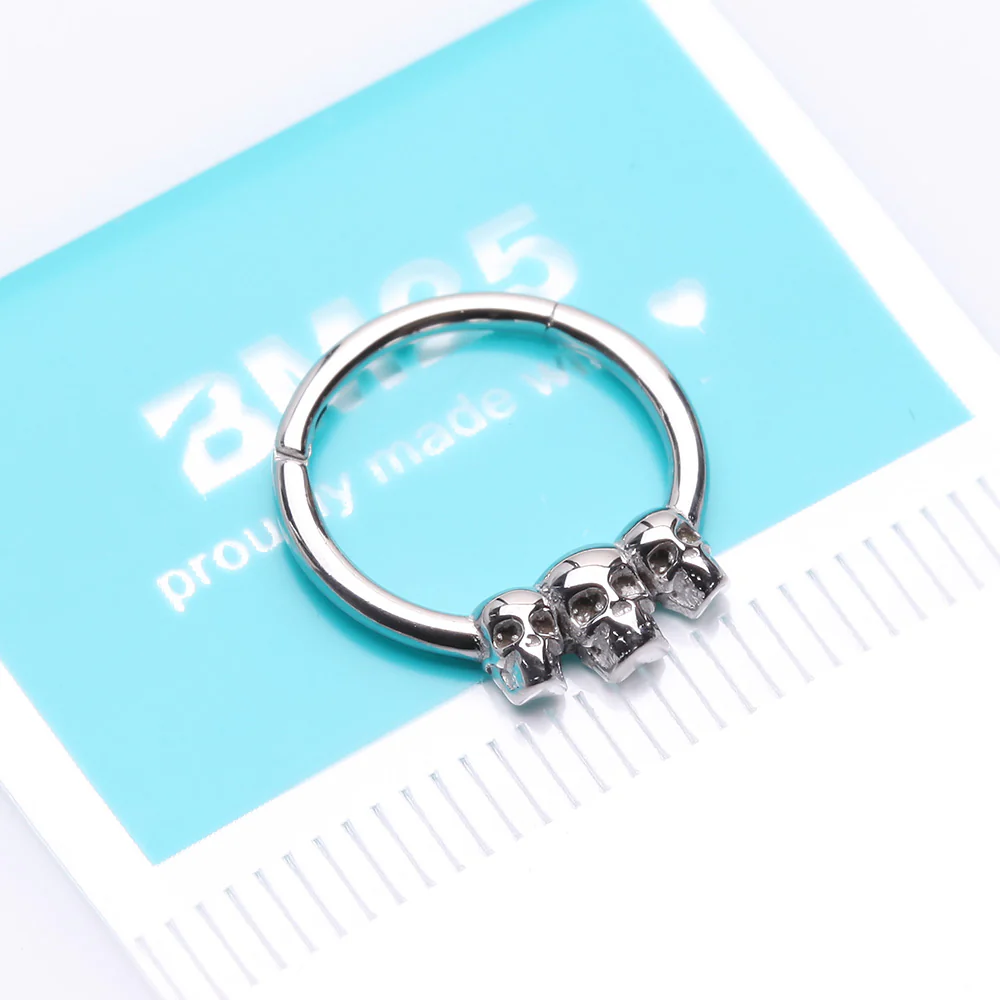 Triple Death Skull Seamless Clicker Hoop Ring - Image 3