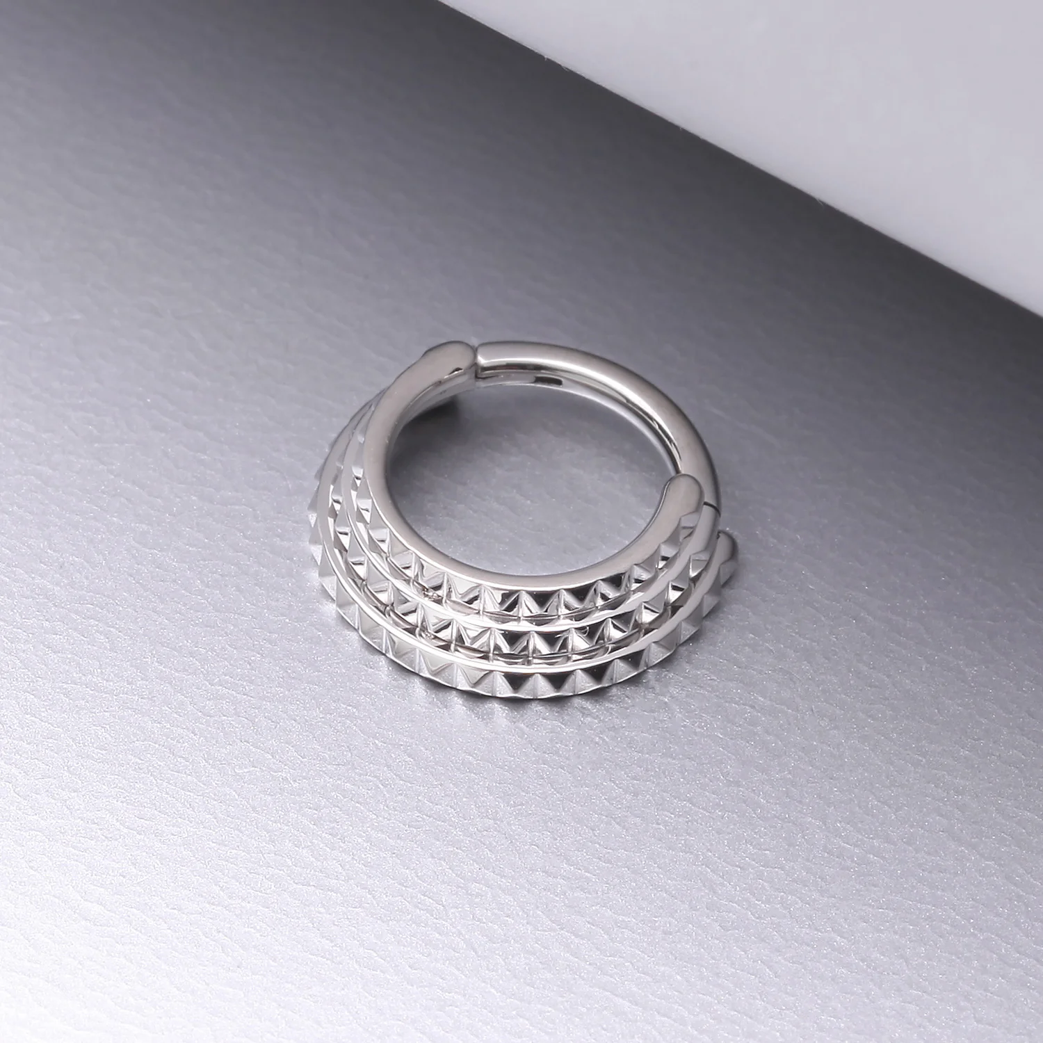 Triple Stacked Pyramid Studded Geometric Seamless Clicker Hoop Ring - Image 2