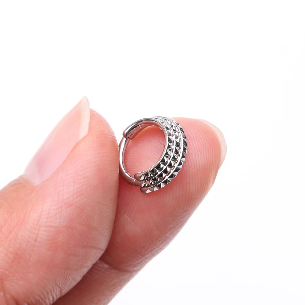Triple Stacked Pyramid Studded Geometric Seamless Clicker Hoop Ring - Image 3