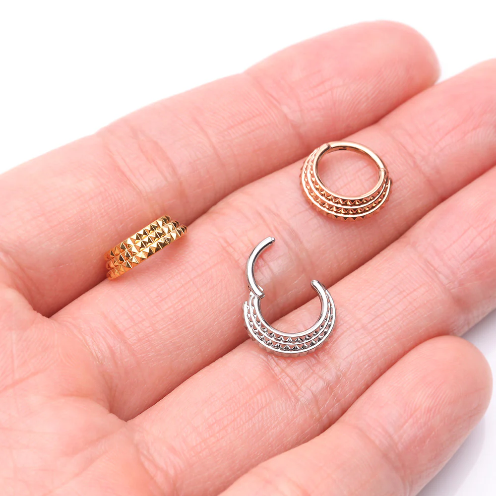 Triple Stacked Pyramid Studded Geometric Seamless Clicker Hoop Ring - Image 4