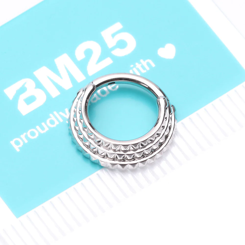 Triple Stacked Pyramid Studded Geometric Seamless Clicker Hoop Ring - Image 5