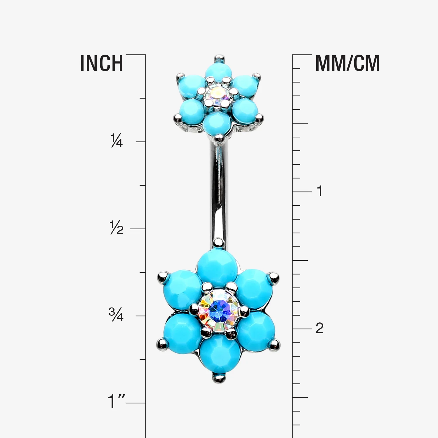 Turquoise Flower Sparkle Prong Set Belly Button Ring - Image 2