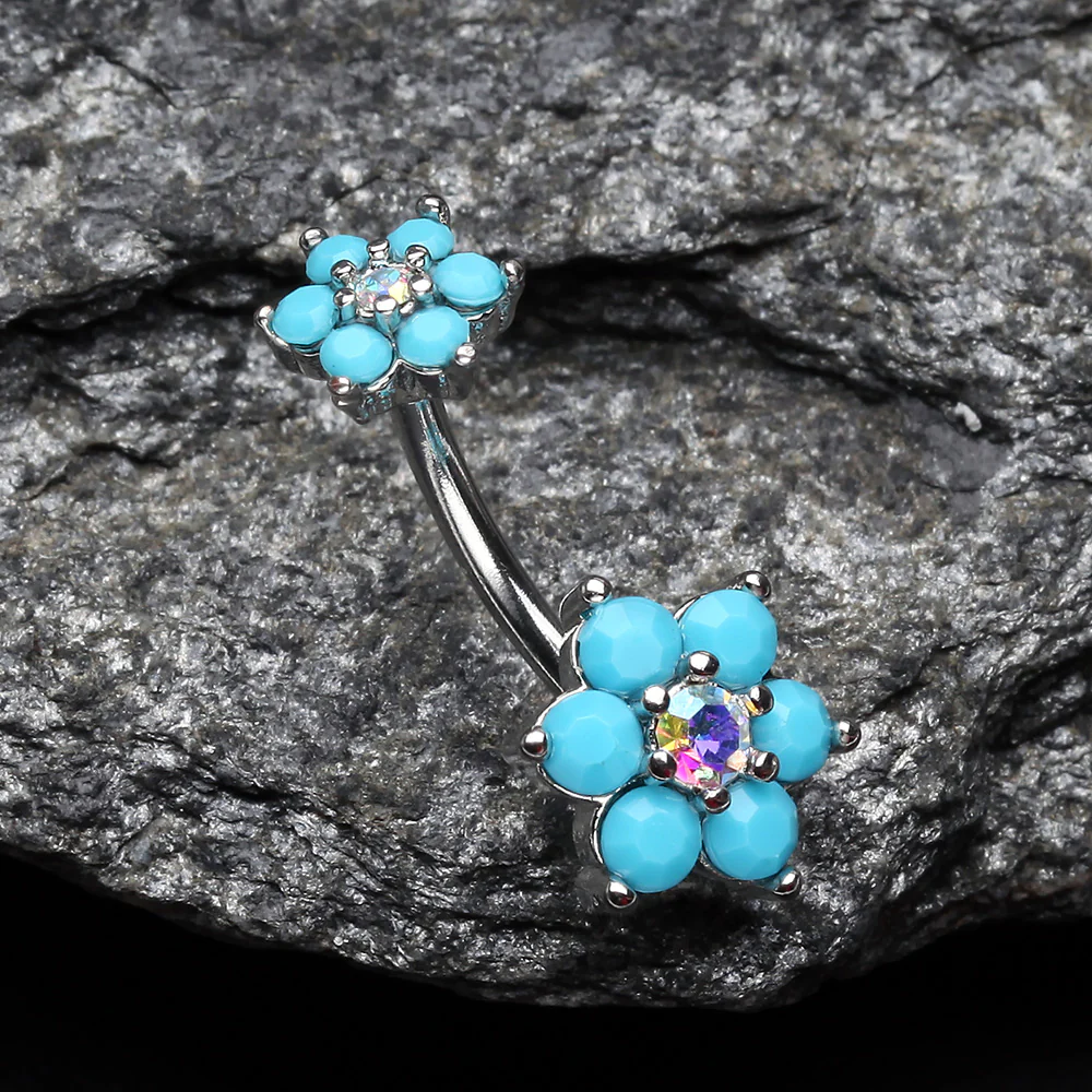Turquoise Flower Sparkle Prong Set Belly Button Ring - Image 3