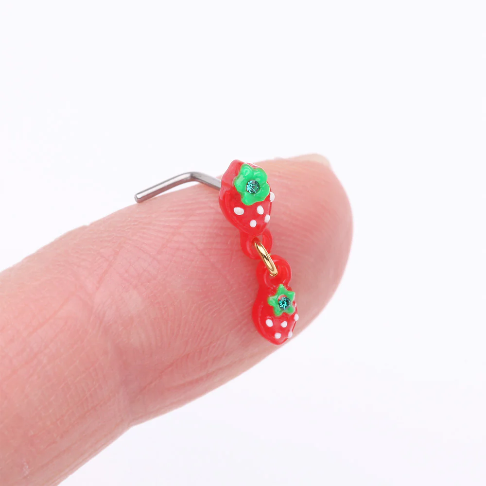 Very Berry Double Strawberry Dangle L-Shaped Nose Ring - Image 3