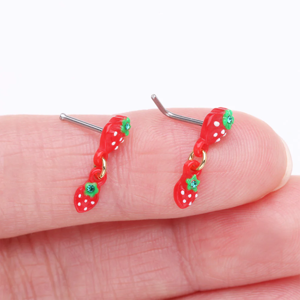 Very Berry Double Strawberry Dangle L-Shaped Nose Ring - Image 4