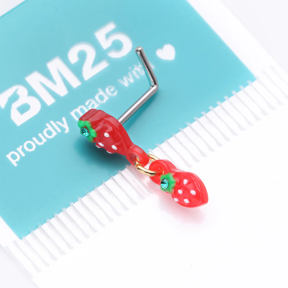 Very Berry Double Strawberry Dangle L-Shaped Nose Ring - Image 5