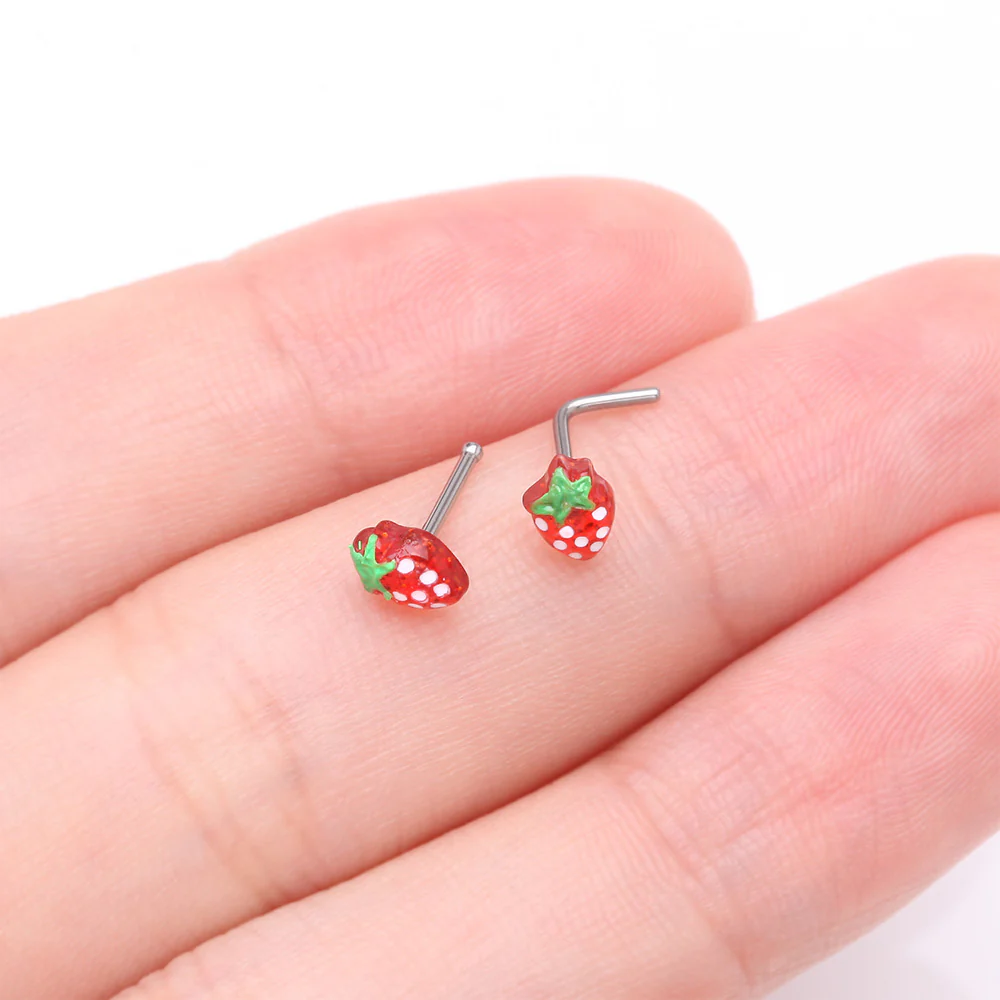 Very Berry Red Strawberry L-Shaped Nose Ring - Image 4