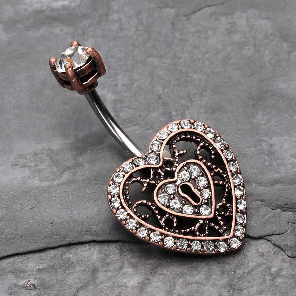 Vintage Boho Filigree Heart Lock Belly Button Ring - Image 3