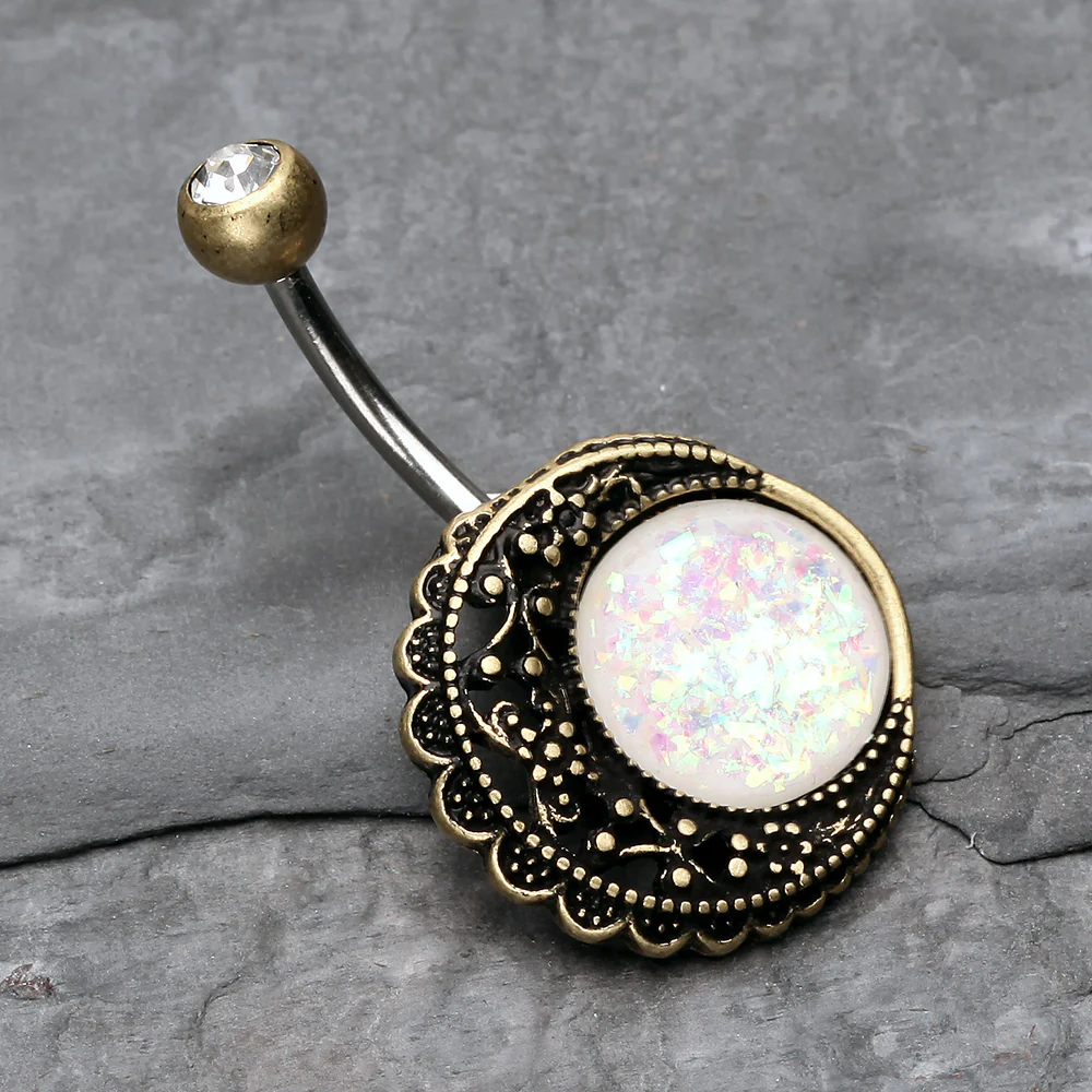 Vintage Boho Filigree Moon Opal Belly Button Ring - Image 3