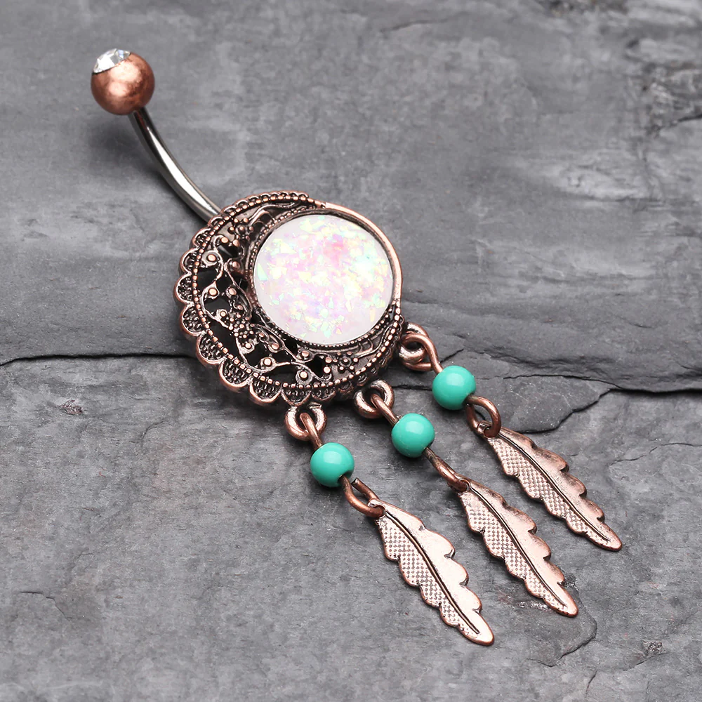 Vintage Boho Filigree Moon Opal Dreamcatcher Belly Button Ring - Image 3