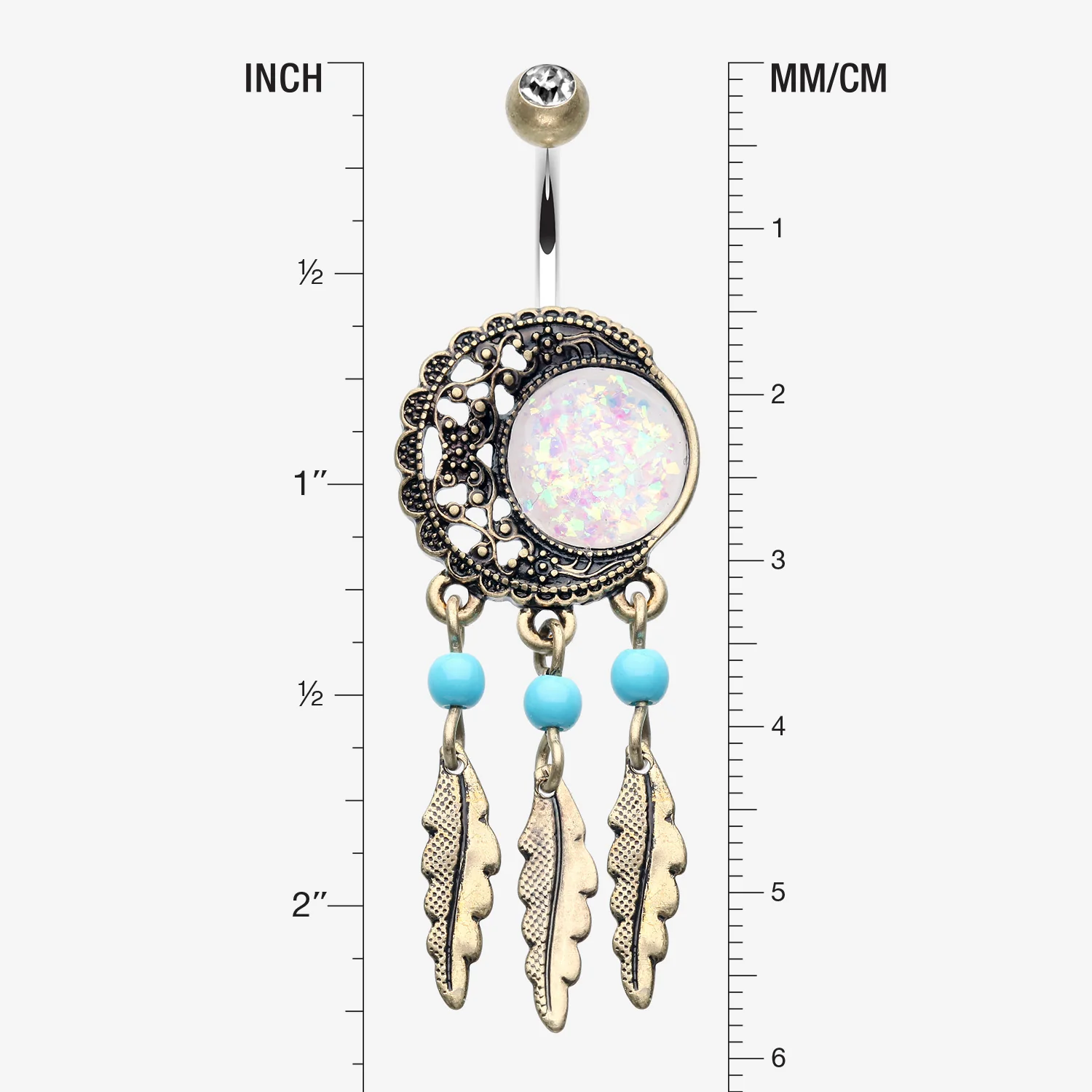 Vintage Boho Filigree Moon Opal Dreamcatcher Belly Button Ring - Image 2