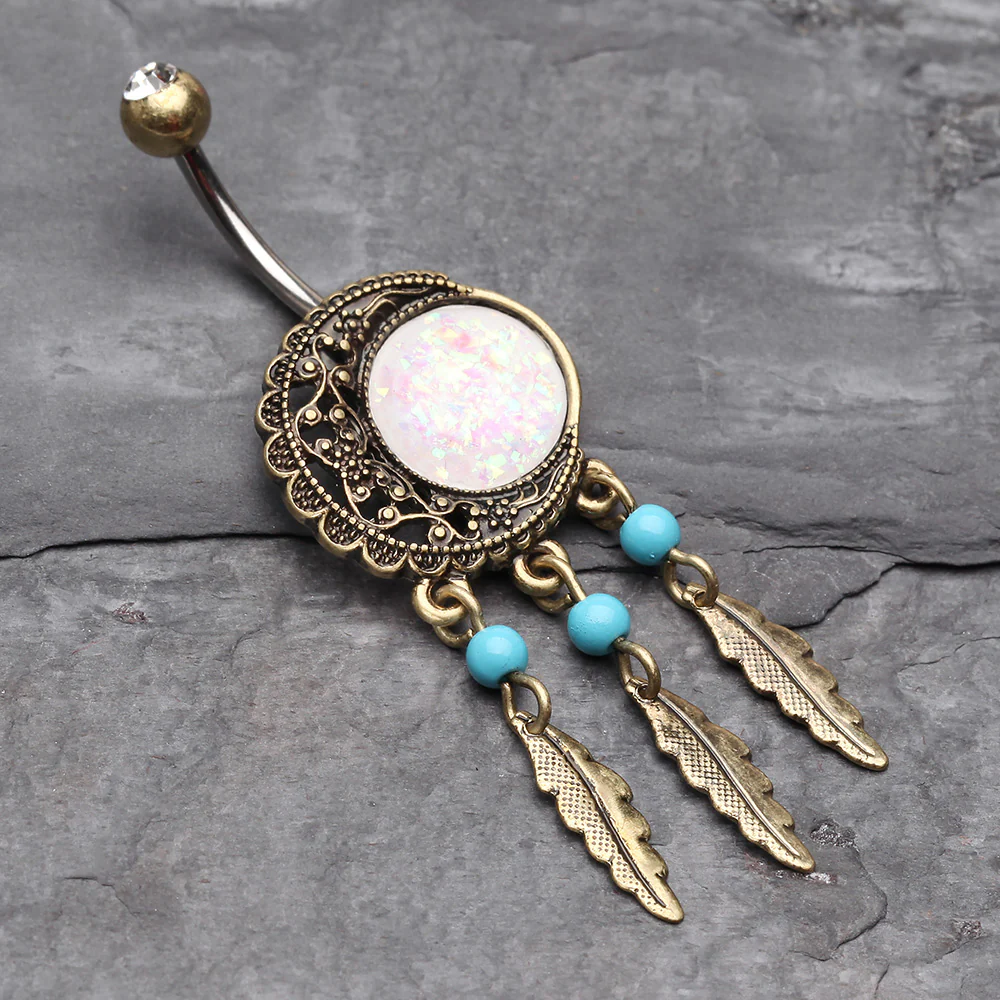 Vintage Boho Filigree Moon Opal Dreamcatcher Belly Button Ring - Image 3