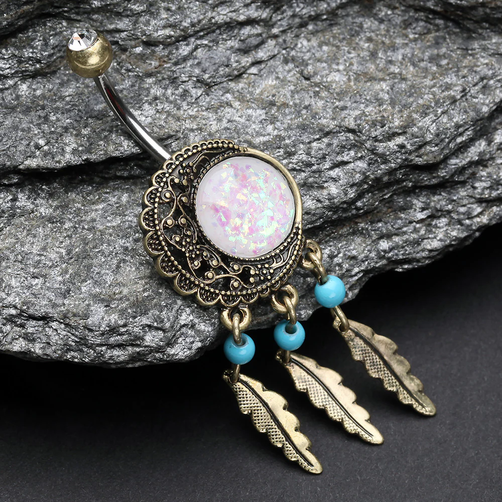Vintage Boho Filigree Moon Opal Dreamcatcher Belly Button Ring - Image 4